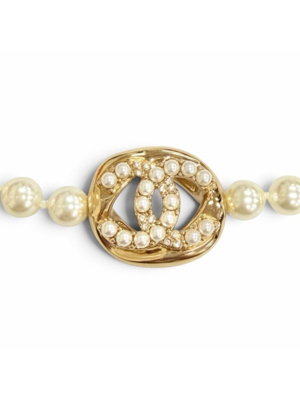 Chanel CC Logo Pearl Choker Necklace Gold